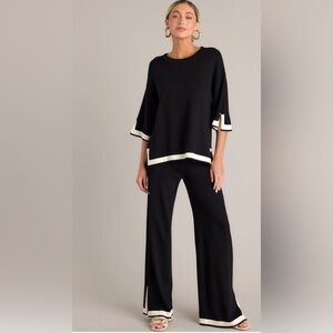 Black Knit Two-Piece Lounge Set with Cream Trim Wide Leg Pants Size XL